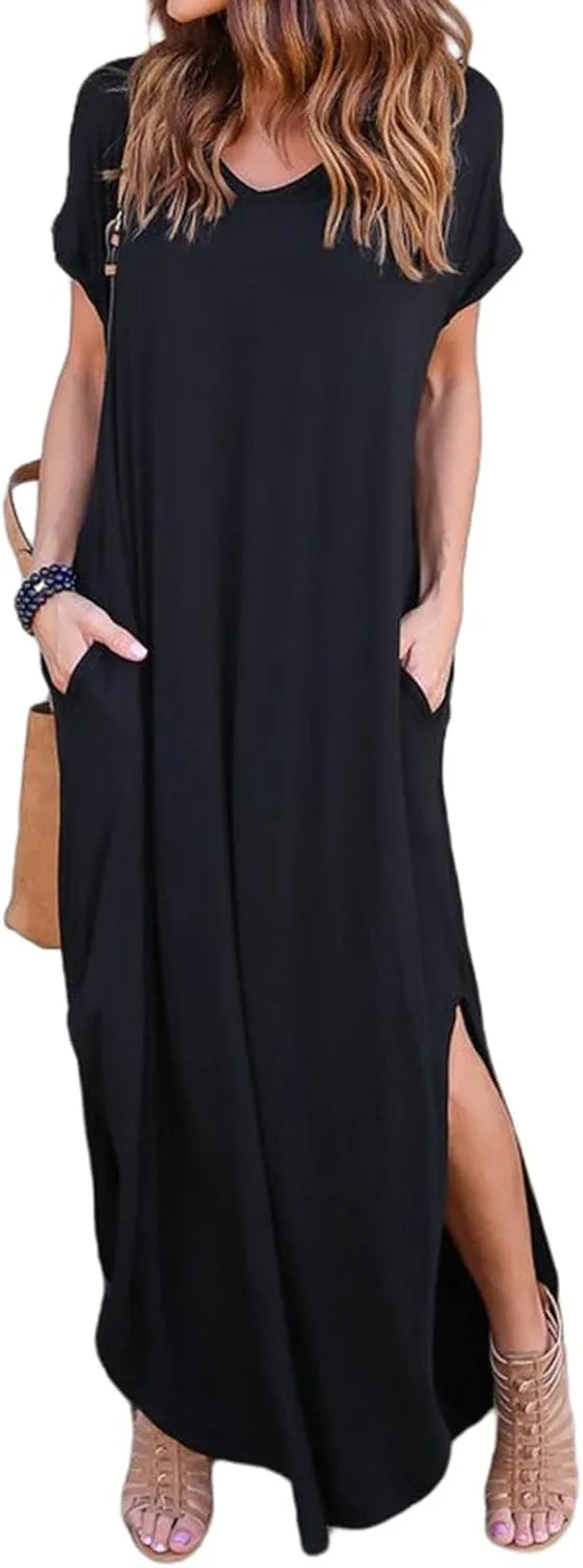 Women's Summer Maxi Dress Casual Loose Short Sleeve Slits Long Beach Dresses with Pockets