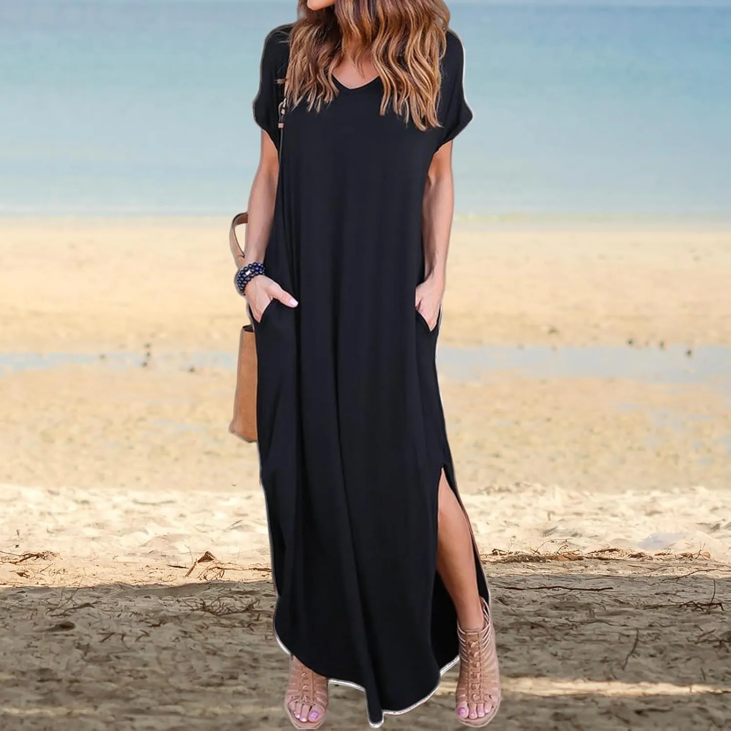 Women's Summer Maxi Dress Casual Loose Short Sleeve Slits Long Beach Dresses with Pockets