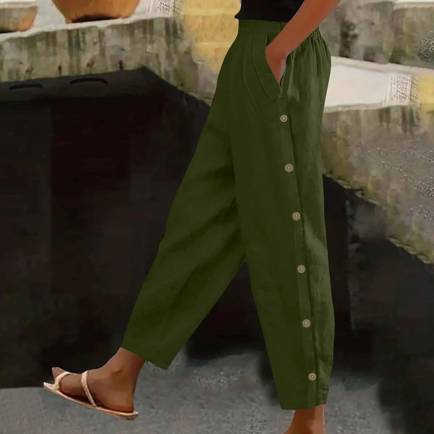 Women's Tear Away Pants High Split Snap Button Linen Pants Casual Post-Surgery Lounge Yoga Pants Summer Beach Trouser