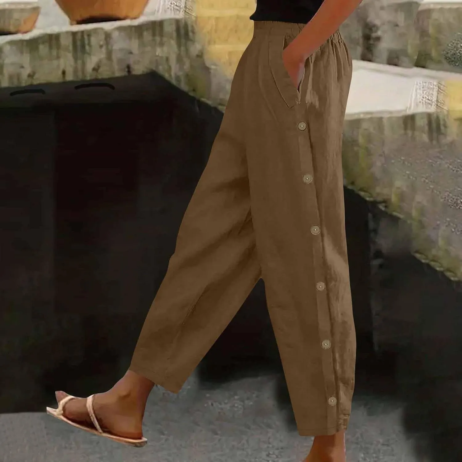 Women's Tear Away Pants High Split Snap Button Linen Pants Casual Post-Surgery Lounge Yoga Pants Summer Beach Trouser