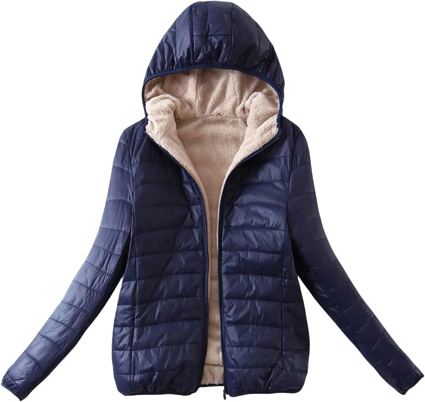 Womens Winter Puffer Jacket with Hood Fleece Lined Down Jackets Light Packable Quilted Puffer Coat