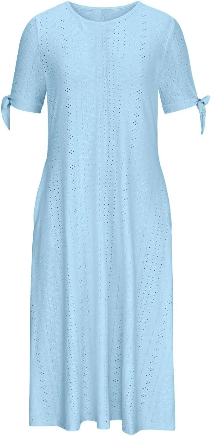 XOWRTE Maxi Long Dresses for Women 2025 Trendy Short Sleeve Eyelet Tshirt Dress Casual Summer Beach Womens