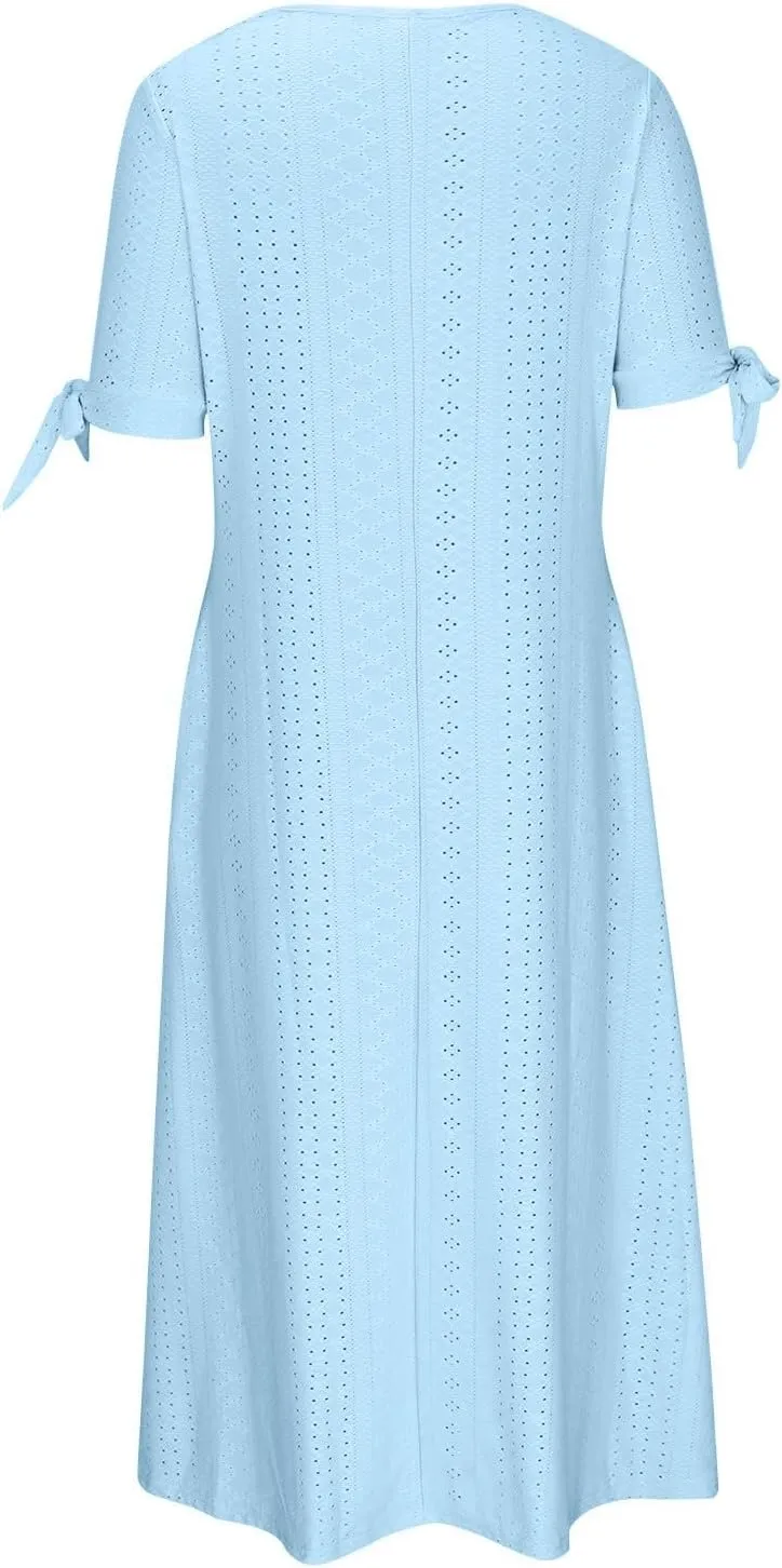 XOWRTE Maxi Long Dresses for Women 2025 Trendy Short Sleeve Eyelet Tshirt Dress Casual Summer Beach Womens