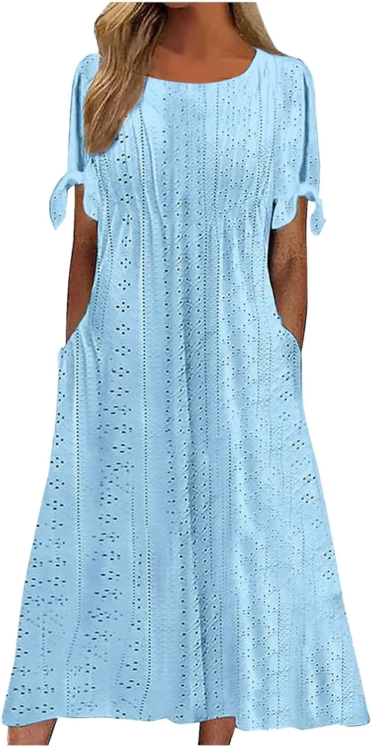 XOWRTE Maxi Long Dresses for Women 2025 Trendy Short Sleeve Eyelet Tshirt Dress Casual Summer Beach Womens