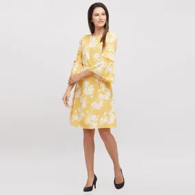 Yellow Printed Dress With Bell Sleeves