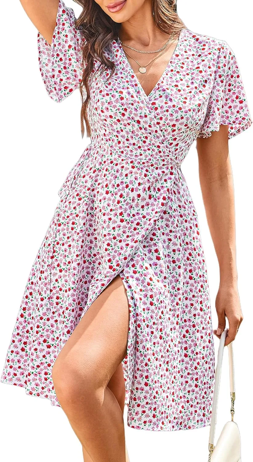 ZAFUL Women's Ditsy Floral Cami Mini Dress V-Neck Cross Back Ruched Frilled A-Line Dress Swing Skater Beach Dress